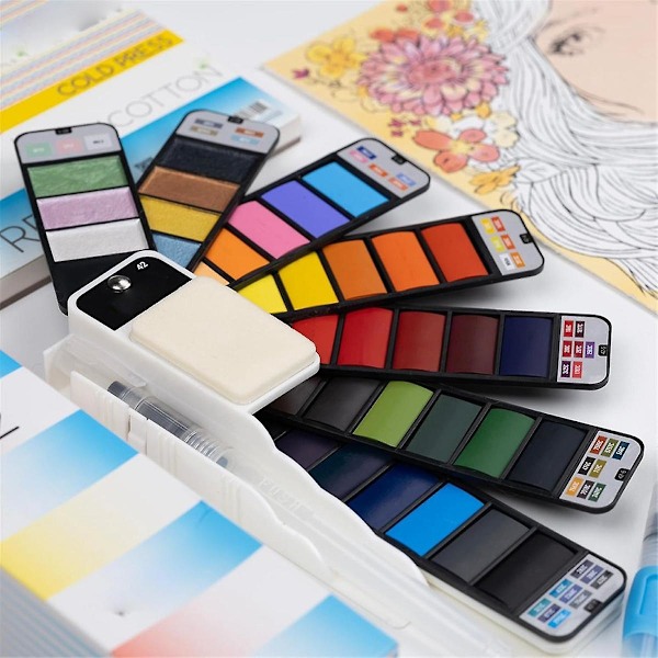 Rejse Vandfarve Sæt: 42 Assorterede Farver Bærbar Vandfarve Palette med 4 Pensler