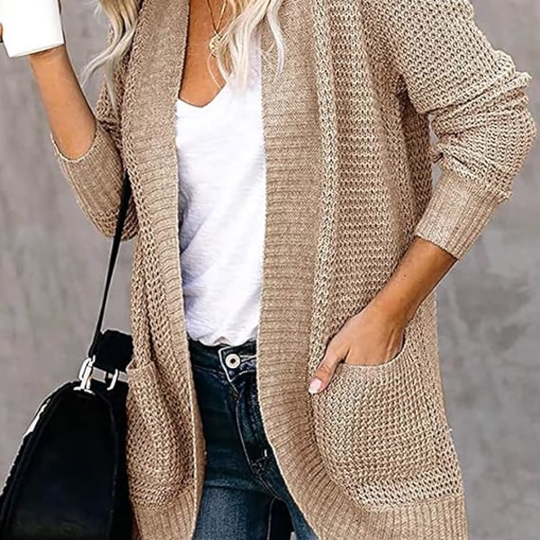 Böjd knappslå för kvinnor, stickad tröja kofta höst och vinterkappa - Khaki M storlek