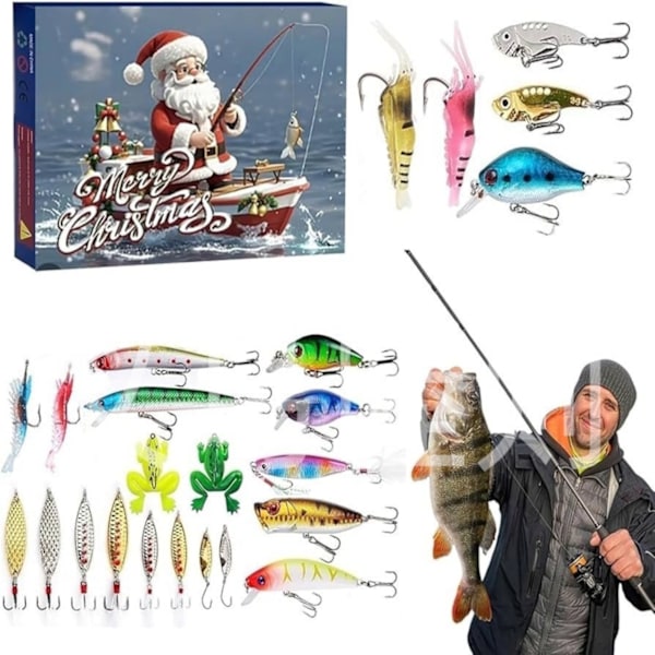 Julkalender för Fiske 2024 - Set med Fiskebeten, Fiskeutrustning för Vuxna Män Pojkar, Fisketillbehör (24 st)