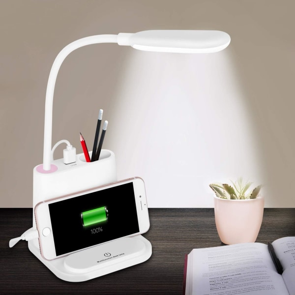 Uppladdningsbar LED-bordslampa med USB laddningsport och pennhållare, 2 dimningsmetoder