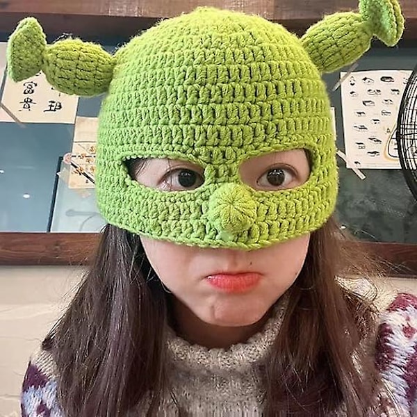 Grøn Hat til Hele Hovedet, Shrek Hatte med Søde Ører, Strikket Hat med Maske, Sjov Halloween Cosplay Rekvisit