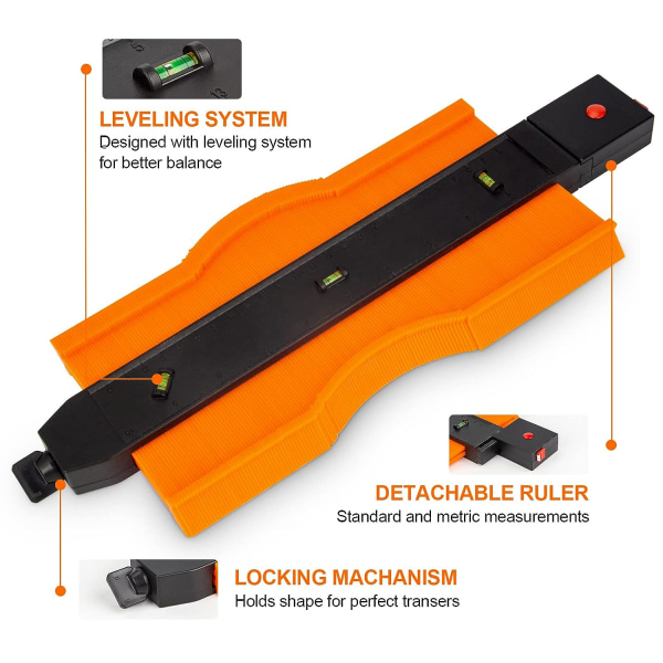 2-pack konturmätare (10+5\") med justerbart lås och nivå för att reproducera oregelbundna former