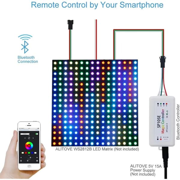 Magic Dream Bluetooth trådløs LED-lysstyring, farve, iOS, Android, DC5V-24V, ideel til WS2811, WS2812B, WS2801, SK6812 adresserbar LED-strip Pi