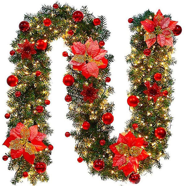 LED-julkrans - 2,7 meter förbelyst krans med julgranskulor och julstjärna - Batteridriven in- och utomhusdekoration för eldstad, trappor, A