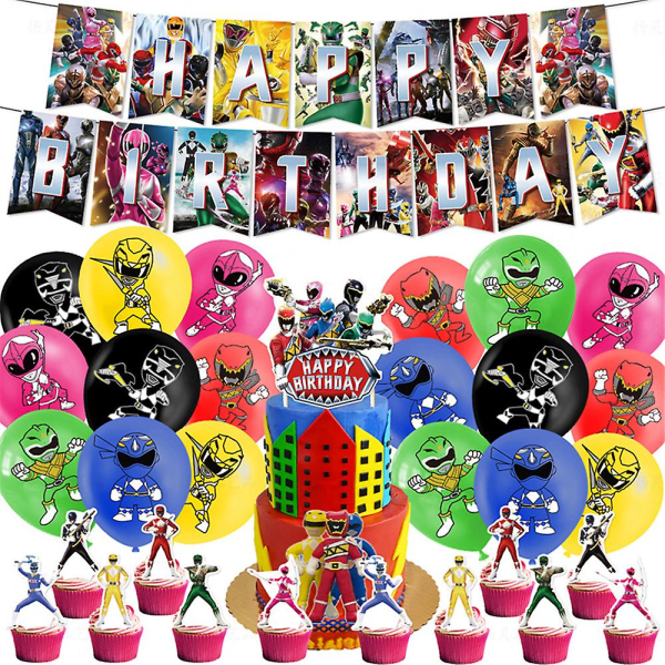 Power Rangers -teemaiset syntymäpäiväjuhlatarvikkeet, koristebanneri, ilmapallot, kakkukoristeet ja cupcake-koristeet