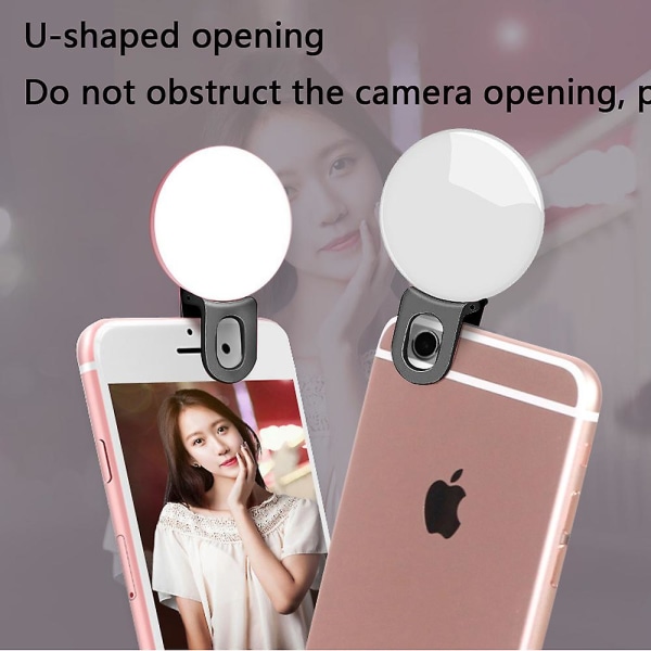 Selfie Clip On Ring Light, Mini Genopladelig Justerbar Lysstyrke Lys, Usb Flash Belysning Til Iphone/Android Mobiltelefon Fotografering,video, Vloggin