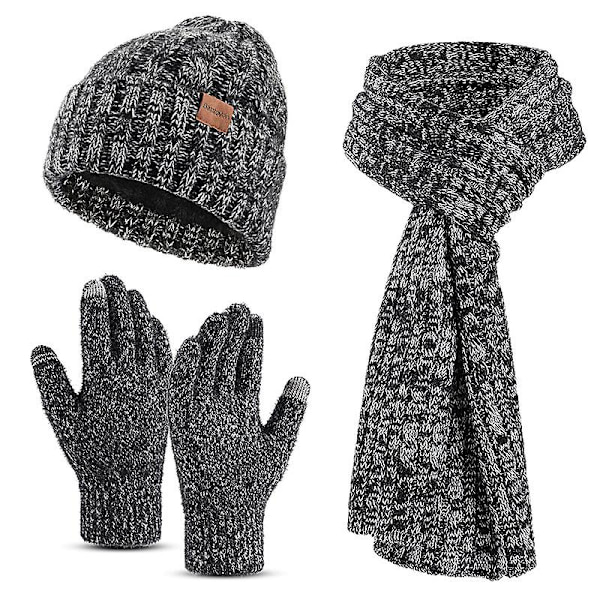 Vintervarm Beanie-lue for kvinner, ullstrikket lue, skjerf og hansker sett, fleece pompom lue, tykt skjerf, hansker, beanies, svart
