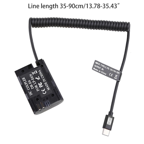 LP-E6 Dummy Batteri med USB Type-C Strømkabel Understøtter PD 9V / 12V Output til Kameraer Skærme Høj-Elastisk