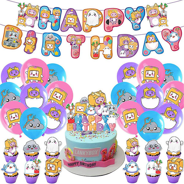Lankybox syntymäpäiväjuhlan koriste- ja tarvikesarja lapsille, sisältää Happy Birthday -bannerin, kakku-/kuppikakkukoristeet, ilmapallot