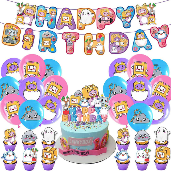Lankyboxin syntymäpäiväjuhlien sisustus- ja set lapsille, kuten Happy Birthday -banneri, kakku-/kuppikakkupäälliset, ilmapallot