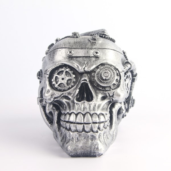 2 STK Resin Steampunk Mekanisk Skull Statue, -(sølv)-15*10*10,5 cm