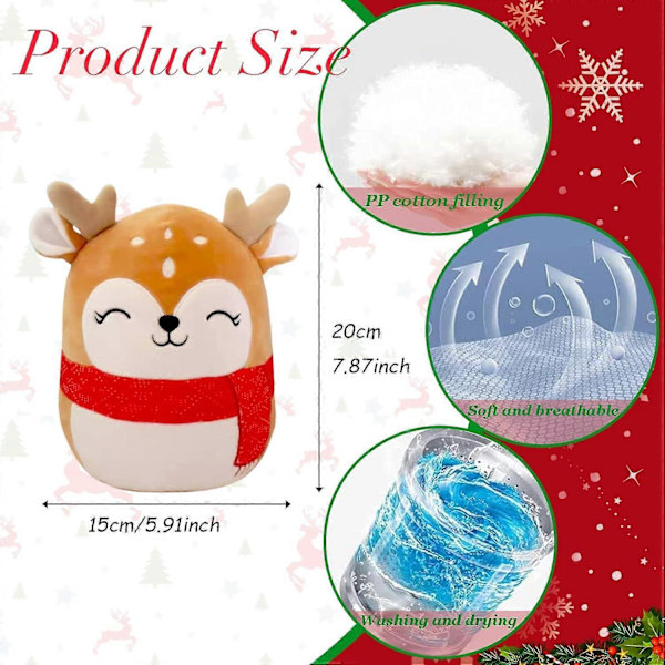 20cm Julren Plush Kudde Leksaker, 3D Söt Jultomte Fylld Ren Kudde Dock Squishy Bomulls Plushies Dock, Super Mjuk Leksak Present till Barn Barn