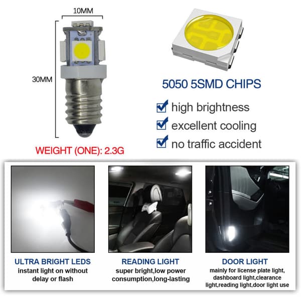 10 stk. E10 6V koldhvide LED-pærer 5SMD 0,5W 50LM (koldhvid)