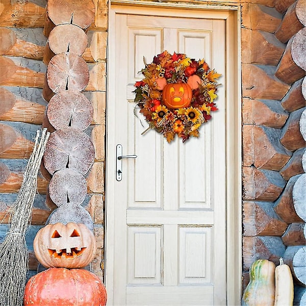 Höstpumpa dörrkrans, pumpa krans dekor, konstgjord pumpa bär lönnlöv krans, höst tacksägelse halloween dekoration inomhus utomhus