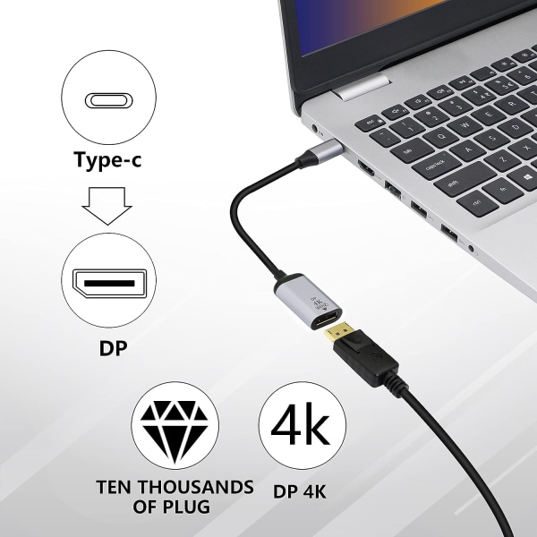 Tyypin C - Displayport-sovitin, 4K@60Hz USB C Uros-DP-naaras HD-muunninkaapeli televisioon, näytölle, projektorille jne.