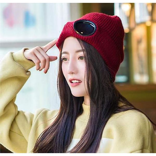 Unisex Fleece Skihue Beanie Vinterhat Med Goggles Strikket Varmt Uldhatte Sne Ski Hjelm Udendørs Capvinrød