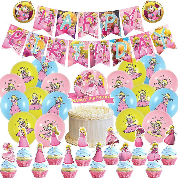 Princess Peach -syntymäpäiväjuhlien sisustus- ja set tytöille: Happy Birthday -banneri, kakku-/kuppikakkupäällinen, ilmapallo