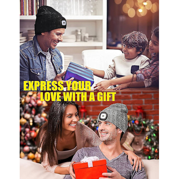 LED Beanie med Lys, USB Genopladelig Håndfri LED Pandelampe Hat, Strikket Natlys Beanie Cap Lommelygte Hat, Mænd Gaver Til Far Mand Mand (