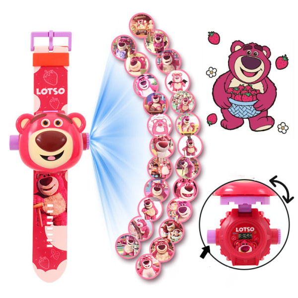 Strawberry Bear Clock Projection Watch med projektorfunksjon Cartoon Flip Toy Watch – 24 lysbildespill blå øyne