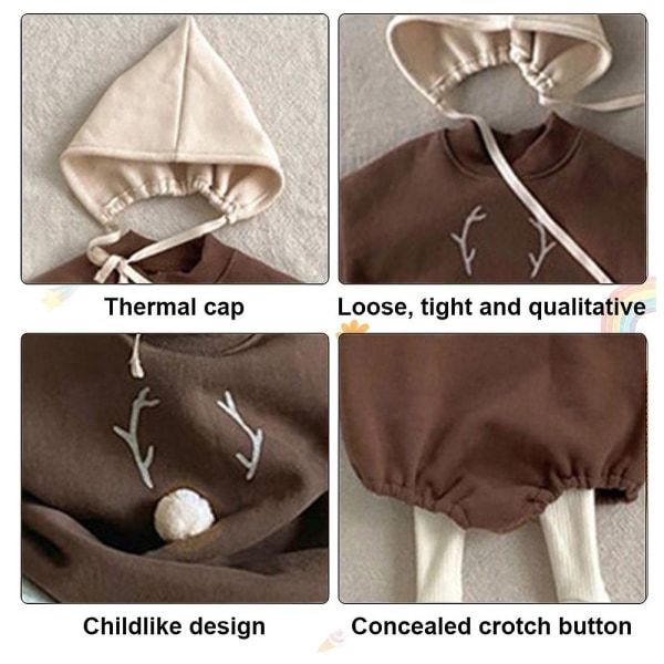 Baby Varm En-delad Kläder För Baby Krypande Kläder Babykläder Med Mössa 2 Pcs Brun 90cm