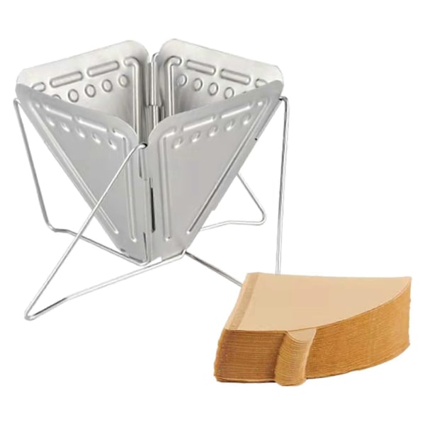 Kaffetragt Filterholder, Bærbar Foldbar Rustfrit Stål Genanvendelig Kaffekeglefilter 100 stk. Filterpapir til Picnic Camping