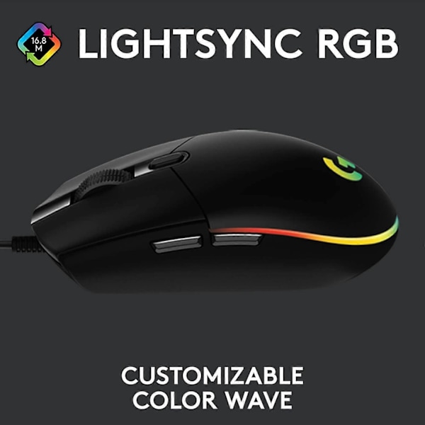 G102 LIGHTSYNC Gamingmus med RGB-belysning, 6 programmerbara knappar, spelsensor, 8K DPI-spårning 12