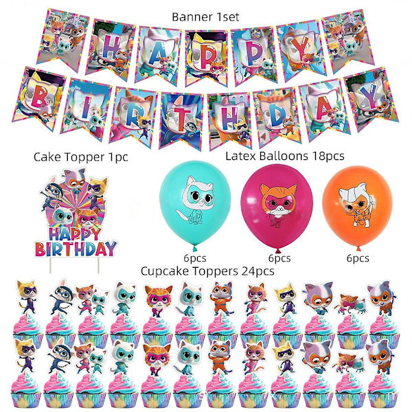 Super Kitty -sarjakuva-aiheinen syntymäpäiväjuhlan koriste- ja tarvikesarja lapsille, sisältää Happy Birthday -kyltin, kakku-/kuppikakkukoristeet, ilmapallot