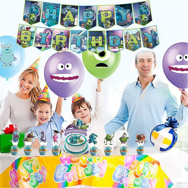 Monsters University -aiheisia juhlatarvikkeita, ilmapalloja, banneri, kakunkoristeita