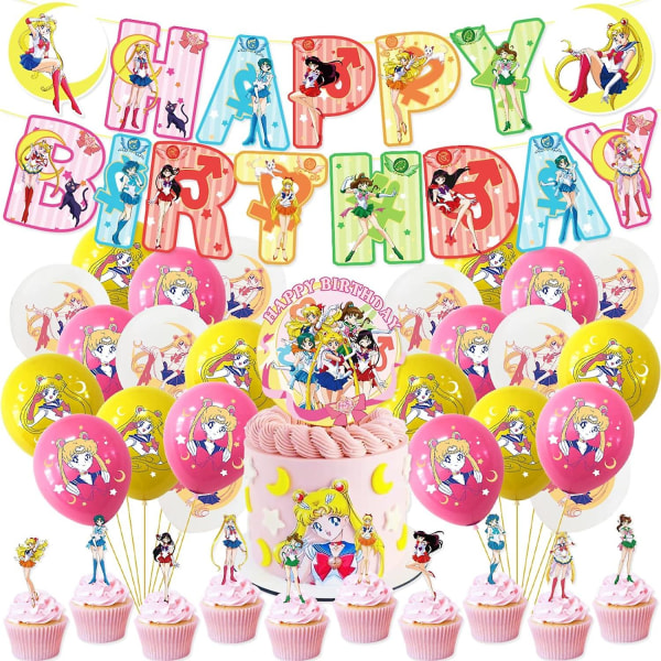 Sailor Girls Moon Party Supplies Kits Med Grattis på födelsedagen Banner, Latex Ballong, Cake Toppers, Cupcake Toppers, Anime Cartoon Girls Theme Party For Ki