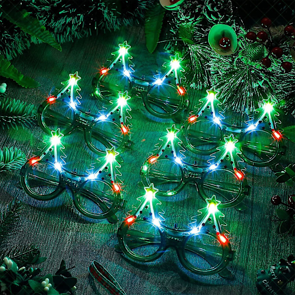 8-pakke Glitter Juletre Lysende Blinkende LED Solbriller Jul Solbriller Gløder I Mørket LED Briller Plast Lysende Briller Jul Tre Kostyme for Julefestgaver