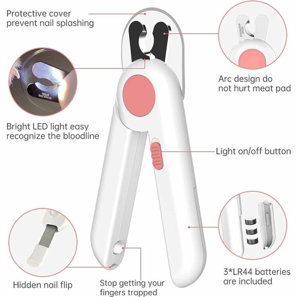 Koiran ja kissan kynsileikkuri – LED-valot, jotka estävät kynsien leikkaamisen – 6 paristoa – vaaleanpunainen