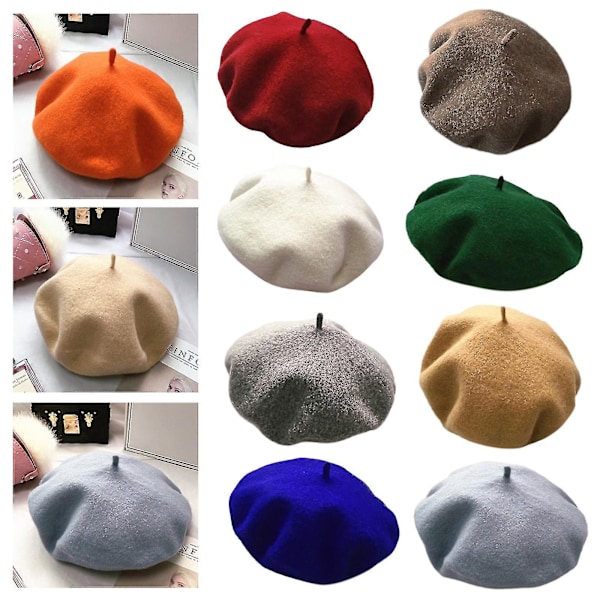 Kvinners vintervarme kunstig ull elastisk beretlue enkel ensfarget retro klassisk fransk kunstner maler elegant