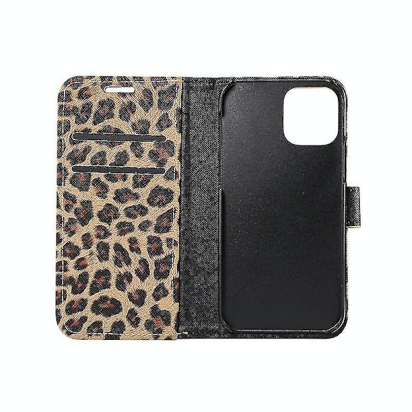 Fodral för iPhone 12 Pro med leopardmönster, horisontellt flippfodral i läder med kortfack och hållare (brun)
