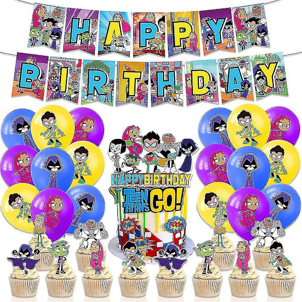 Teen Titans Go -teemajuhlatarvikkeet: Lipukkeet, ilmapallot, kakun koristeet ja cupcake-koristeet