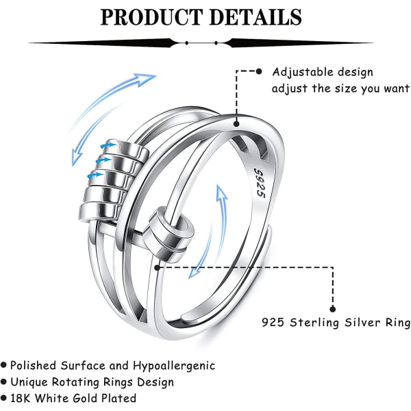 925 Sterlinghopea rengas naisille ja miehille Fidget Peace -renkaat stressin lievittämiseen