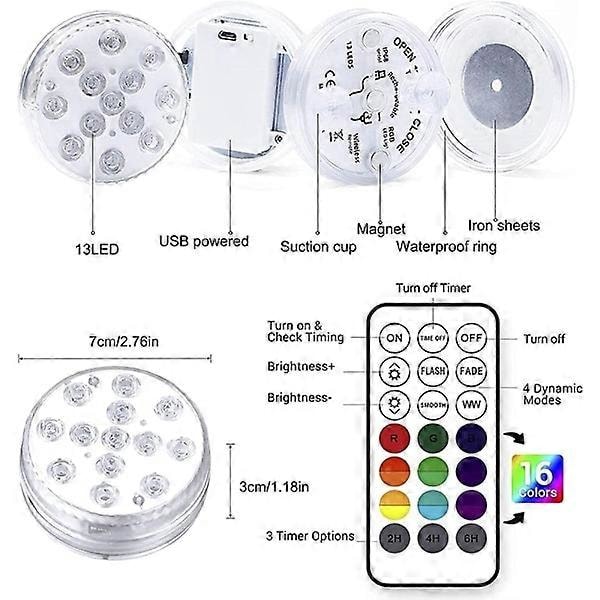 Uima-allasvalaistus vedenalainen valo, USB-ladattava, monivärinen RGB-13 LED:llä ja RF-kaukosäätimellä