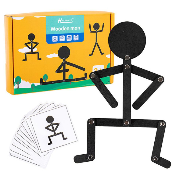Stickman-legetøj i træ, sort træ-pindemandslegetøj med 24 kort Festpuslespil Legetøj Pædagogisk spil Børnegave i 3 år+
