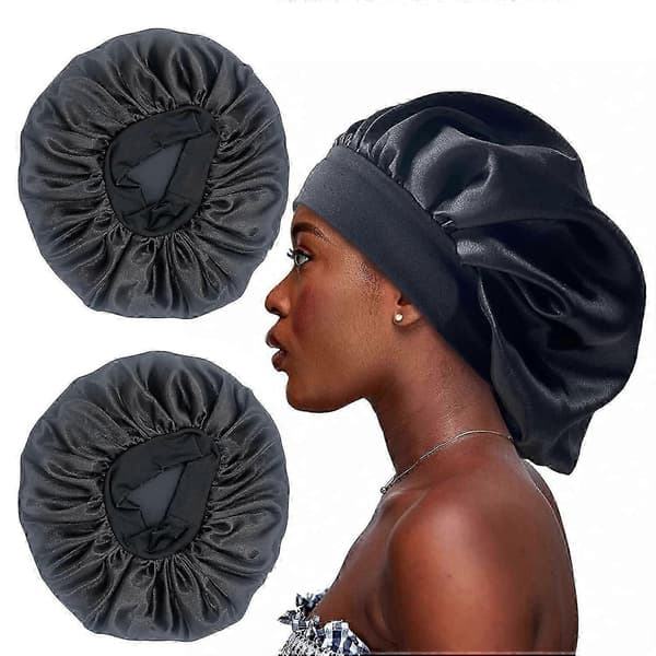 2 STK Stor Satin Bonnet, Silke Bonnet Hårindpakning til Sovning, Sovehætte med Elastisk Blødt Bånd (sort)