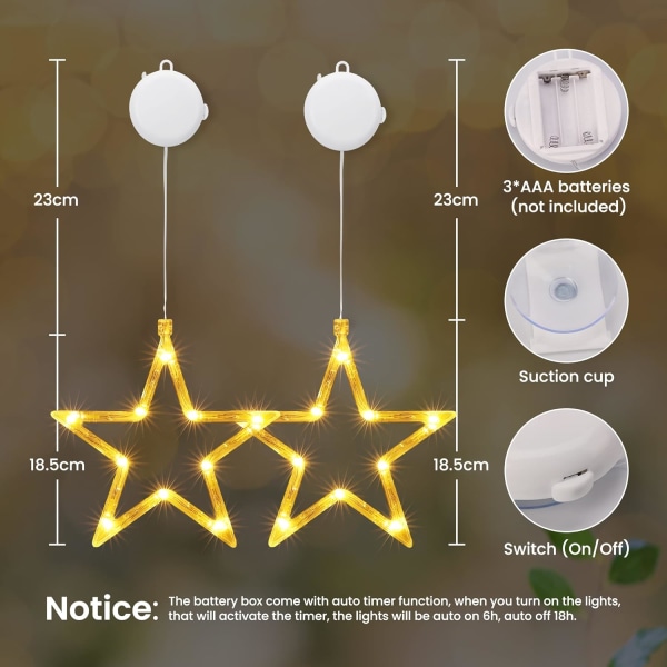 LED Star Julbelysning med sugkopp Timer Varmvit Juldekoration - 2 Pack