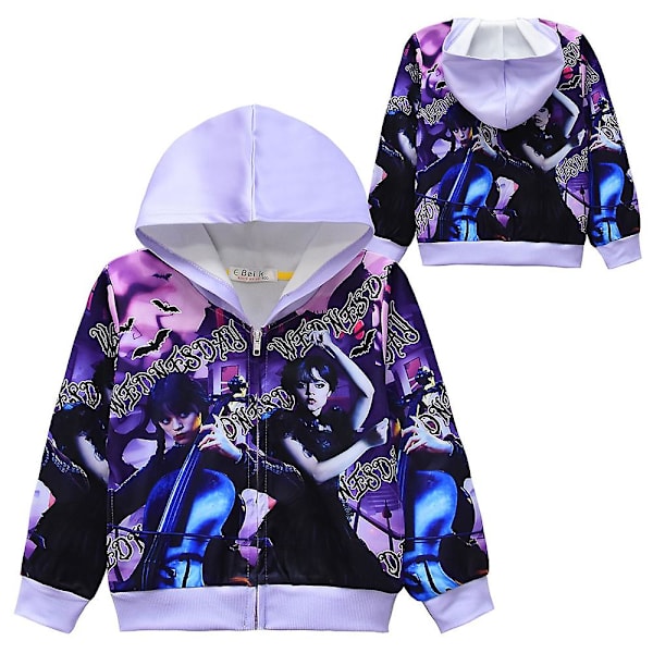 4-9 år Børn Wednesday Addams Trykt Hætte Langærmet Jakke Zip Up Casual Frakke Gaver Purple 7-8 Years