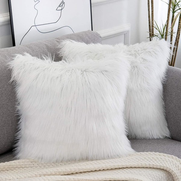 Set med 2 dekorative putetrekk Ny luksusserie Merino Style Faux Fur Fluffy putetrekk Kvadratisk Fuzzy putetrekk waner White 20inx20in