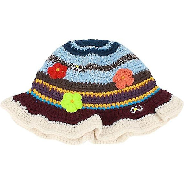 Hatt for kvinner og jenter - Strikket bøttehatt, stripete beanie, heklet fiskerhatt, vinter, casual, bøttehatt, 56-58 cm, blå