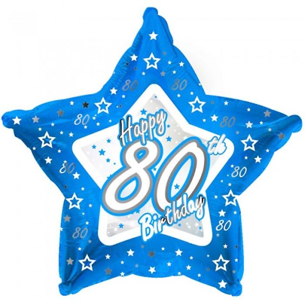 Tähtien muotoinen folioilmapallo Happy 80th Birthday -designilla. Koko: (noin) 18 tuumaa. Toimitetaan tyhjennettynä postituksen helpottamiseksi. Toimittaja Creative Party Ltd.
