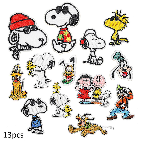 13 stk Snoopy Tegnefilm Broderet Stryge-på-lapper, DIY Sy Appliqué Reparationslap, Sy På/Stryge På Lap til Jeans, Bukser, Jakke, Tøj, Rygsæk