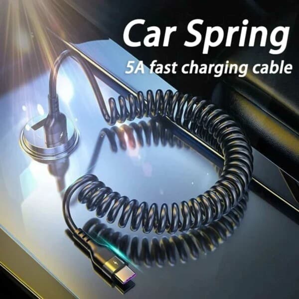 USB A til USB-C spiralkabel 5A hurtiglading 1,5m svart