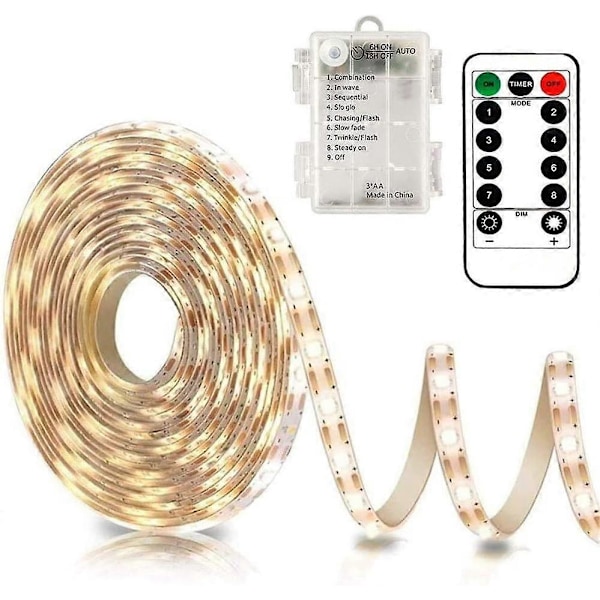 3m Batteri LED Strip Lys med Fjernkontroll, 90 LED Lys Strip Vanntett, 8 Moduser, Dimbar, Timer, Selvklebende, Klippbar for Soveromsspeil
