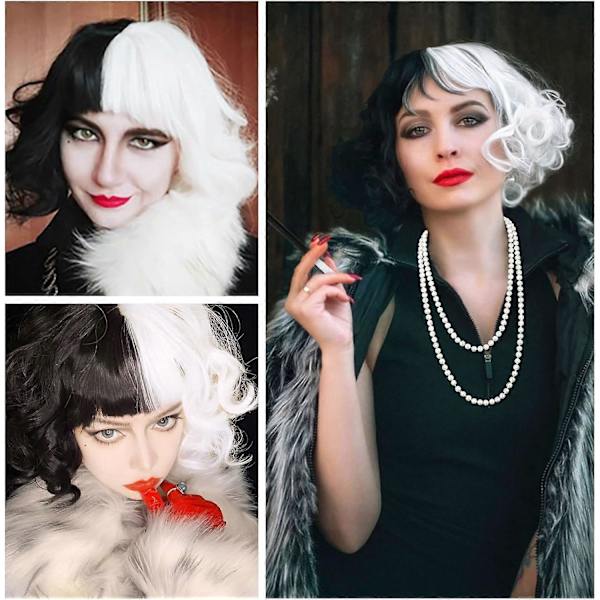 Cruella-asu Naiset 70-luvun Asusteet, Lyhyt Musta ja Valkoinen Peruukki Pidikkeellä, Hanskat, Kaulakoru, Pitsi Mask, Peruukki Hattu, Halloween-asu Naiset, Fan