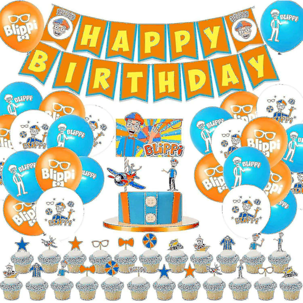 Fødselsdagsfestartikler 68 stk. sæt inklusive 1 pakke Blippi Happy Birthday Banner, 24 stk. Latex Ballon [XH]