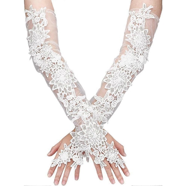 1 Par Vita Spets Fingerlösa Handskar Blommönster Polyester Långa Handskar Bröllop Brud Manschett Mesh Handskar Armbågslånga Handskar för Bröllopsfest Kvinnor