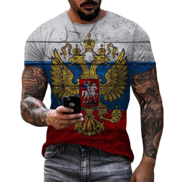 Russisk Flag Print Kortærmet Casual Sommer T-shirt med rund hals til mænd DT-3107 3XL